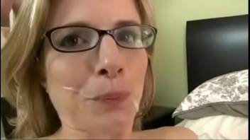Blonde mom drives son crazy and swallows his CUM by Cory Chase
